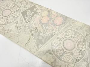 アンティーク　プラチナ箔　切りばめ風　尾長鳥に華紋・草花模様織り出し袋帯（材料）